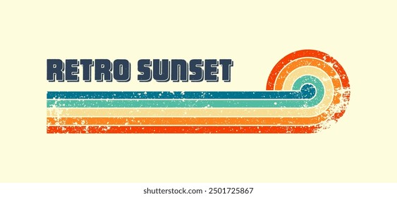 Grunge horizontal vintage sunset. Various colorful striped sunrise badges in 80s and 90s style. Sun and ocean view, summer vibes, surfing. Design element, print, logo or t-shirt. Vector illustration