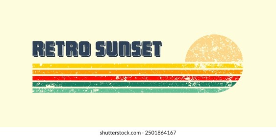 Grunge horizontal vintage sunset. Various colorful striped sunrise badges in 80s and 90s style. Sun and ocean view, summer vibes, surfing. Design element, print, logo or t-shirt. Vector illustration