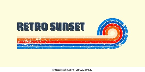 Grunge horizontal vintage sunset. Various colorful striped sunrise badges in 80s and 90s style. Sun and ocean view, summer vibes, surfing. Design element, print, logo or t-shirt. Vector illustration