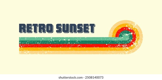 Grunge horizontal vintage sunset. Various colorful striped sunrise badges in 80s and 90s style. Sun and ocean view, summer vibes, surfing. Design element, print, logo or t-shirt. Vector illustration