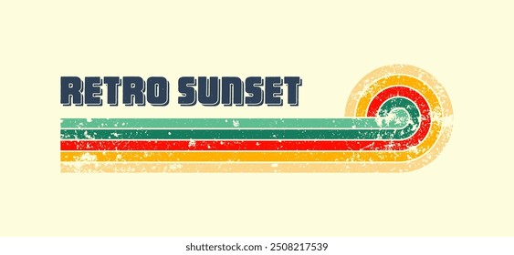 Grunge horizontal vintage sunset. Various colorful striped sunrise badges in 80s and 90s style. Sun and ocean view, summer vibes, surfing. Design element, print, logo or t-shirt. Vector illustration