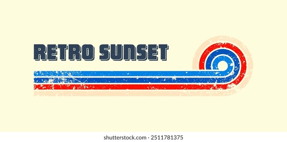 Grunge horizontal vintage sunset. Various colorful striped sunrise badges in 80s and 90s style. Sun and ocean view, summer vibes, surfing. Design element, print, logo or t-shirt. Vector illustration