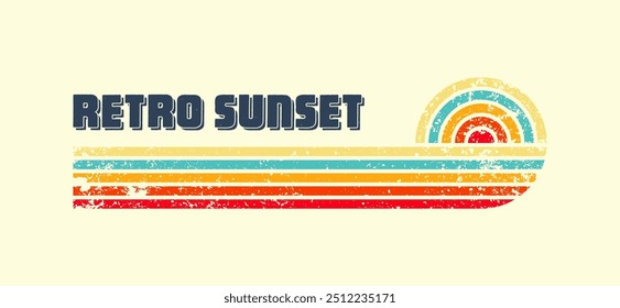 Grunge horizontal vintage sunset. Various colorful striped sunrise badges in 80s and 90s style. Sun and ocean view, summer vibes, surfing. Design element, print, logo or t-shirt. Vector illustration