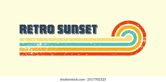 Grunge horizontal vintage sunset. Various colorful striped sunrise badges in 80s and 90s style. Sun and ocean view, summer vibes, surfing. Design element, print, logo or t-shirt. Vector illustration