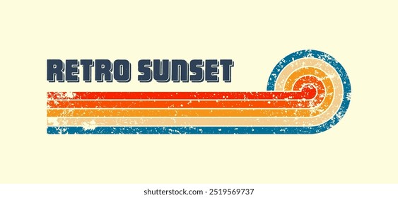 Grunge horizontal vintage sunset. Various colorful striped sunrise badges in 80s and 90s style. Sun and ocean view, summer vibes, surfing. Design element, print, logo or t-shirt. Vector illustration