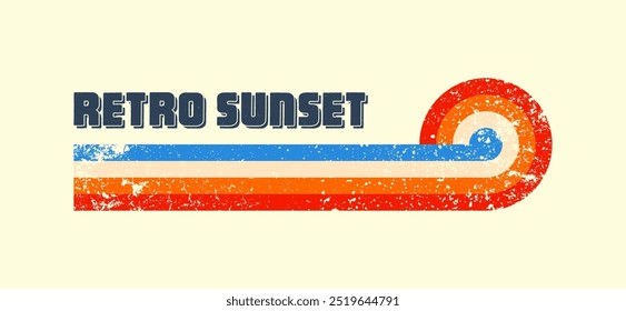 Grunge horizontal vintage sunset. Various colorful striped sunrise badges in 80s and 90s style. Sun and ocean view, summer vibes, surfing. Design element, print, logo or t-shirt. Vector illustration