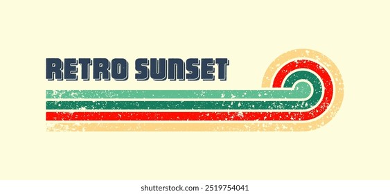 Grunge horizontal vintage sunset. Various colorful striped sunrise badges in 80s and 90s style. Sun and ocean view, summer vibes, surfing. Design element, print, logo or t-shirt. Vector illustration