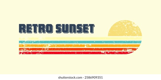 Grunge horizontal vintage sunset. Various colorful striped sunrise badges in 80s and 90s style. Sun and ocean view, summer vibes, surfing. Design element, print, logo or t-shirt. Vector illustration