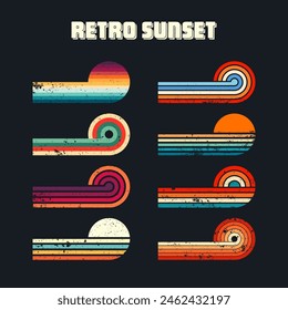 Grunge horizontal vintage sunsets. Various colorful striped sunrise badges in 80s and 90s style. Sun and ocean view, summer vibes, surfing. Design element, print, logo or t-shirt. Vector illustration
