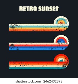 Grunge horizontal vintage sunsets. Various colorful striped sunrise badges in 80s and 90s style. Sun and ocean view, summer vibes, surfing. Design element, print, logo or t-shirt. Vector illustration