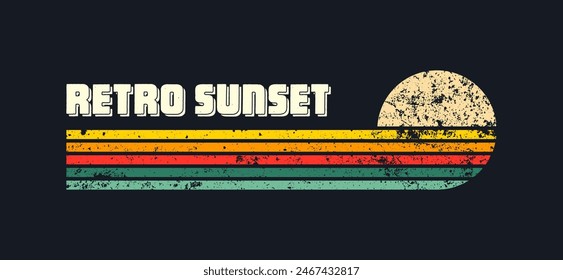 Grunge horizontal vintage sunsets. Various colorful striped sunrise badges in 80s and 90s style. Sun and ocean view, summer vibes, surfing. Design element, print, logo or t-shirt. Vector illustration