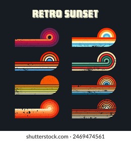 Grunge horizontal vintage sunsets. Various colorful striped sunrise badges in 80s and 90s style. Sun and ocean view, summer vibes, surfing. Design element, print, logo or t-shirt. Vector illustration