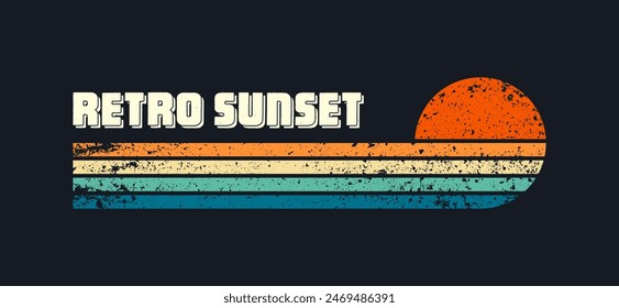 Grunge horizontal vintage sunsets. Various colorful striped sunrise badges in 80s and 90s style. Sun and ocean view, summer vibes, surfing. Design element, print, logo or t-shirt. Vector illustration