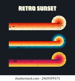 Grunge horizontal vintage sunsets. Various colorful striped sunrise badges in 80s and 90s style. Sun and ocean view, summer vibes, surfing. Design element, print, logo or t-shirt. Vector illustration