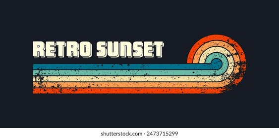 Grunge horizontal vintage sunsets. Various colorful striped sunrise badges in 80s and 90s style. Sun and ocean view, summer vibes, surfing. Design element, print, logo or t-shirt. Vector illustration