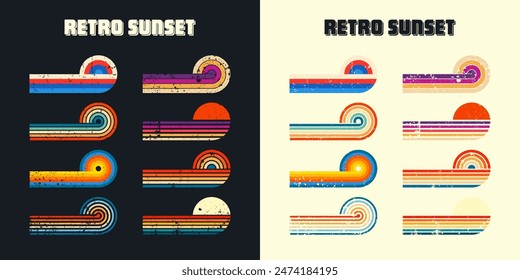 Grunge horizontal vintage sunsets. Various colorful striped sunrise badges in 80s and 90s style. Sun and ocean view, summer vibes, surfing. Design element, print, logo or t-shirt. Vector illustration.