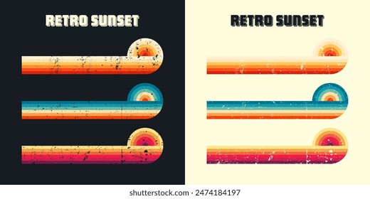 Grunge horizontal vintage sunsets. Various colorful striped sunrise badges in 80s and 90s style. Sun and ocean view, summer vibes, surfing. Design element, print, logo or t-shirt. Vector illustration.