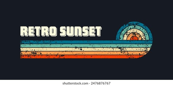 Grunge horizontal vintage sunsets. Various colorful striped sunrise badges in 80s and 90s style. Sun and ocean view, summer vibes, surfing. Design element, print, logo or t-shirt. Vector illustration