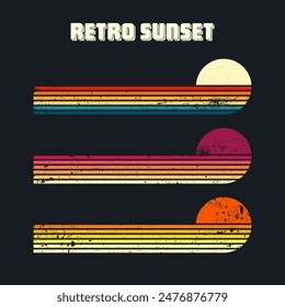 Grunge horizontal vintage sunsets. Various colorful striped sunrise badges in 80s and 90s style. Sun and ocean view, summer vibes, surfing. Design element, print, logo or t-shirt. Vector illustration