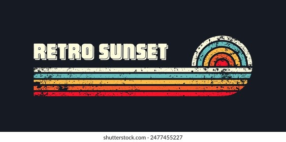 Grunge horizontal vintage sunsets. Various colorful striped sunrise badges in 80s and 90s style. Sun and ocean view, summer vibes, surfing. Design element, print, logo or t-shirt. Vector illustration