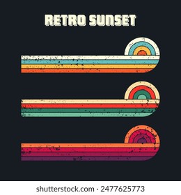 Grunge horizontal vintage sunsets. Various colorful striped sunrise badges in 80s and 90s style. Sun and ocean view, summer vibes, surfing. Design element, print, logo or t-shirt. Vector illustration