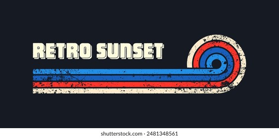 Grunge horizontal vintage sunsets. Various colorful striped sunrise badges in 80s and 90s style. Sun and ocean view, summer vibes, surfing. Design element, print, logo or t-shirt. Vector illustration