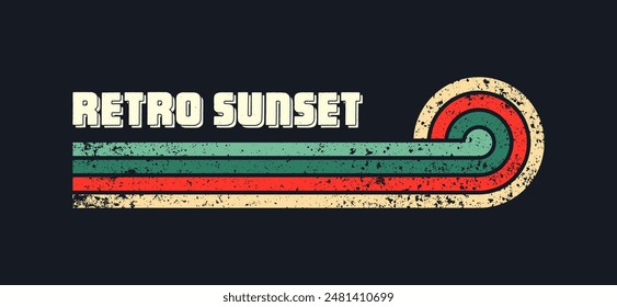 Grunge horizontal vintage sunsets. Various colorful striped sunrise badges in 80s and 90s style. Sun and ocean view, summer vibes, surfing. Design element, print, logo or t-shirt. Vector illustration