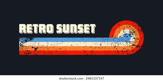 Grunge horizontal vintage sunsets. Various colorful striped sunrise badges in 80s and 90s style. Sun and ocean view, summer vibes, surfing. Design element, print, logo or t-shirt. Vector illustration