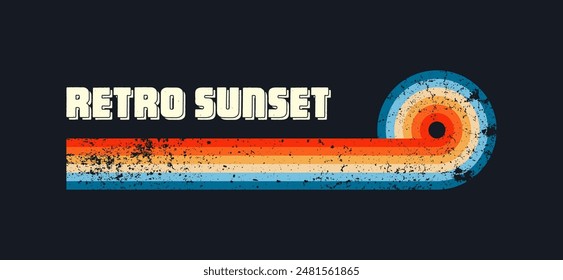 Grunge horizontal vintage sunsets. Various colorful striped sunrise badges in 80s and 90s style. Sun and ocean view, summer vibes, surfing. Design element, print, logo or t-shirt. Vector illustration
