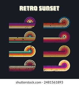 Grunge horizontal vintage sunsets. Various colorful striped sunrise badges in 80s and 90s style. Sun and ocean view, summer vibes, surfing. Design element, print, logo or t-shirt. Vector illustration