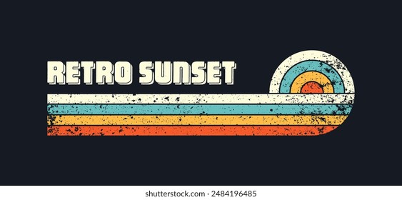 Grunge horizontal vintage sunsets. Various colorful striped sunrise badges in 80s and 90s style. Sun and ocean view, summer vibes, surfing. Design element, print, logo or t-shirt. Vector illustration