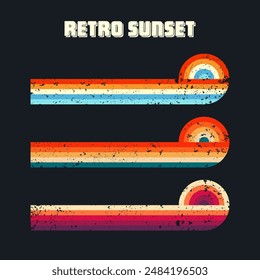 Grunge horizontal vintage sunsets. Various colorful striped sunrise badges in 80s and 90s style. Sun and ocean view, summer vibes, surfing. Design element, print, logo or t-shirt. Vector illustration