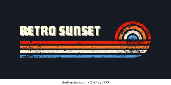 Grunge horizontal vintage sunsets. Various colorful striped sunrise badges in 80s and 90s style. Sun and ocean view, summer vibes, surfing. Design element, print, logo or t-shirt. Vector illustration