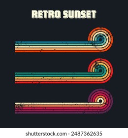 Grunge horizontal vintage sunsets. Various colorful striped sunrise badges in 80s and 90s style. Sun and ocean view, summer vibes, surfing. Design element, print, logo or t-shirt. Vector illustration