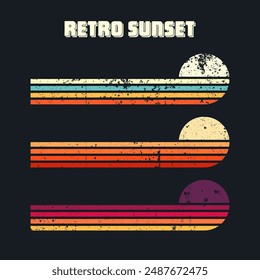 Grunge horizontal vintage sunsets. Various colorful striped sunrise badges in 80s and 90s style. Sun and ocean view, summer vibes, surfing. Design element, print, logo or t-shirt. Vector illustration