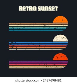 Grunge horizontal vintage sunsets. Various colorful striped sunrise badges in 80s and 90s style. Sun and ocean view, summer vibes, surfing. Design element, print, logo or t-shirt. Vector illustration