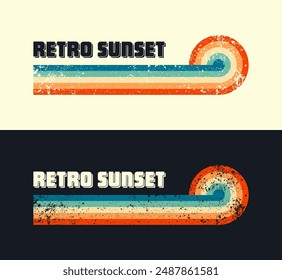 Grunge horizontal vintage sunsets. Various colorful striped sunrise badges in 80s and 90s style. Sun and ocean view, summer vibes, surfing. Design element, print, logo or t-shirt. Vector illustration.