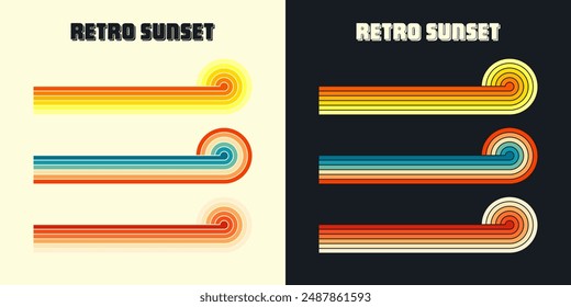 Grunge horizontal vintage sunsets. Various colorful striped sunrise badges in 80s and 90s style. Sun and ocean view, summer vibes, surfing. Design element, print, logo or t-shirt. Vector illustration.