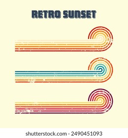 Grunge horizontal vintage sunsets. Various colorful striped sunrise badges in 80s and 90s style. Sun and ocean view, summer vibes, surfing. Design element, print, logo or t-shirt. Vector illustration