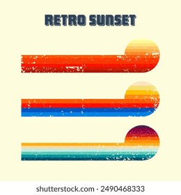 Grunge horizontal vintage sunsets. Various colorful striped sunrise badges in 80s and 90s style. Sun and ocean view, summer vibes, surfing. Design element, print, logo or t-shirt. Vector illustration