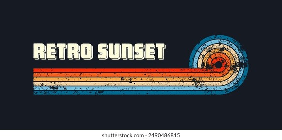 Grunge horizontal vintage sunsets. Various colorful striped sunrise badges in 80s and 90s style. Sun and ocean view, summer vibes, surfing. Design element, print, logo or t-shirt. Vector illustration