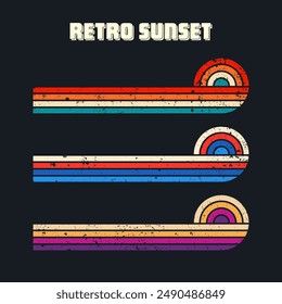 Grunge horizontal vintage sunsets. Various colorful striped sunrise badges in 80s and 90s style. Sun and ocean view, summer vibes, surfing. Design element, print, logo or t-shirt. Vector illustration