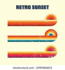 Grunge horizontal vintage sunsets. Various colorful striped sunrise badges in 80s and 90s style. Sun and ocean view, summer vibes, surfing. Design element, print, logo or t-shirt. Vector illustration