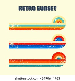 Grunge horizontal vintage sunsets. Various colorful striped sunrise badges in 80s and 90s style. Sun and ocean view, summer vibes, surfing. Design element, print, logo or t-shirt. Vector illustration