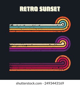 Grunge horizontal vintage sunsets. Various colorful striped sunrise badges in 80s and 90s style. Sun and ocean view, summer vibes, surfing. Design element, print, logo or t-shirt. Vector illustration