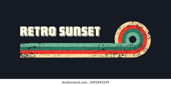 Grunge horizontal vintage sunsets. Various colorful striped sunrise badges in 80s and 90s style. Sun and ocean view, summer vibes, surfing. Design element, print, logo or t-shirt. Vector illustration