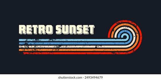Grunge horizontal vintage sunsets. Various colorful striped sunrise badges in 80s and 90s style. Sun and ocean view, summer vibes, surfing. Design element, print, logo or t-shirt. Vector illustration