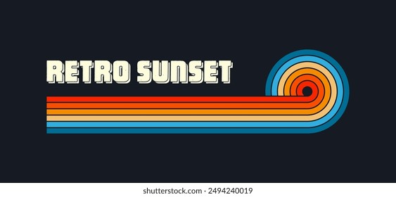 Grunge horizontal vintage sunsets. Various colorful striped sunrise badges in 80s and 90s style. Sun and ocean view, summer vibes, surfing. Design element, print, logo or t-shirt. Vector illustration.