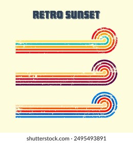 Grunge horizontal vintage sunsets. Various colorful striped sunrise badges in 80s and 90s style. Sun and ocean view, summer vibes, surfing. Design element, print, logo or t-shirt. Vector illustration.