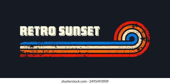 Grunge horizontal vintage sunsets. Various colorful striped sunrise badges in 80s and 90s style. Sun and ocean view, summer vibes, surfing. Design element, print, logo or t-shirt. Vector illustration.